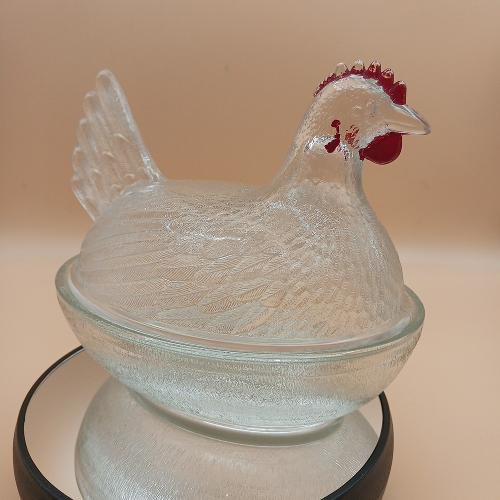 Indiana Glass Clear Hen on Nest Beadless Nest Red Paint Accents Candy Dish - Picture 2 of 13
